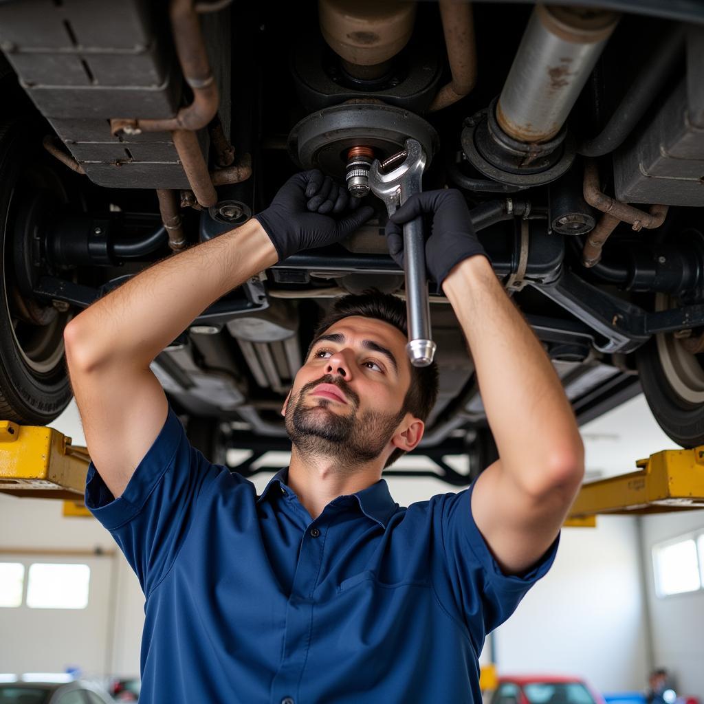 Mechanic changing car engine oil