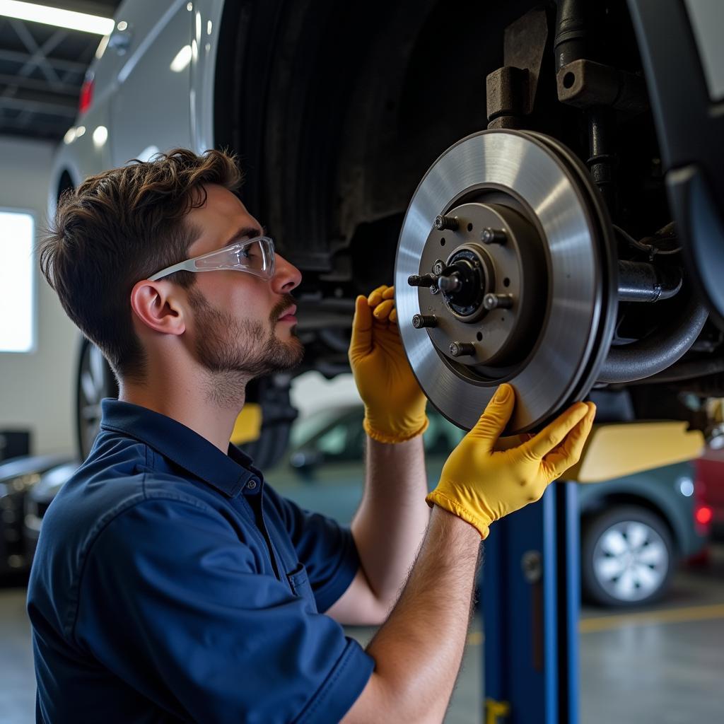 Mechanic inspecting car brakes on a lift