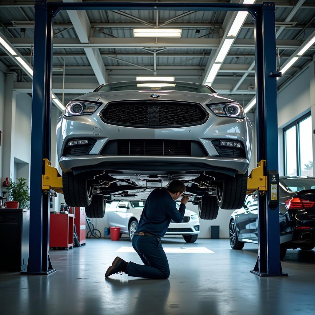 Car on lift for inspection