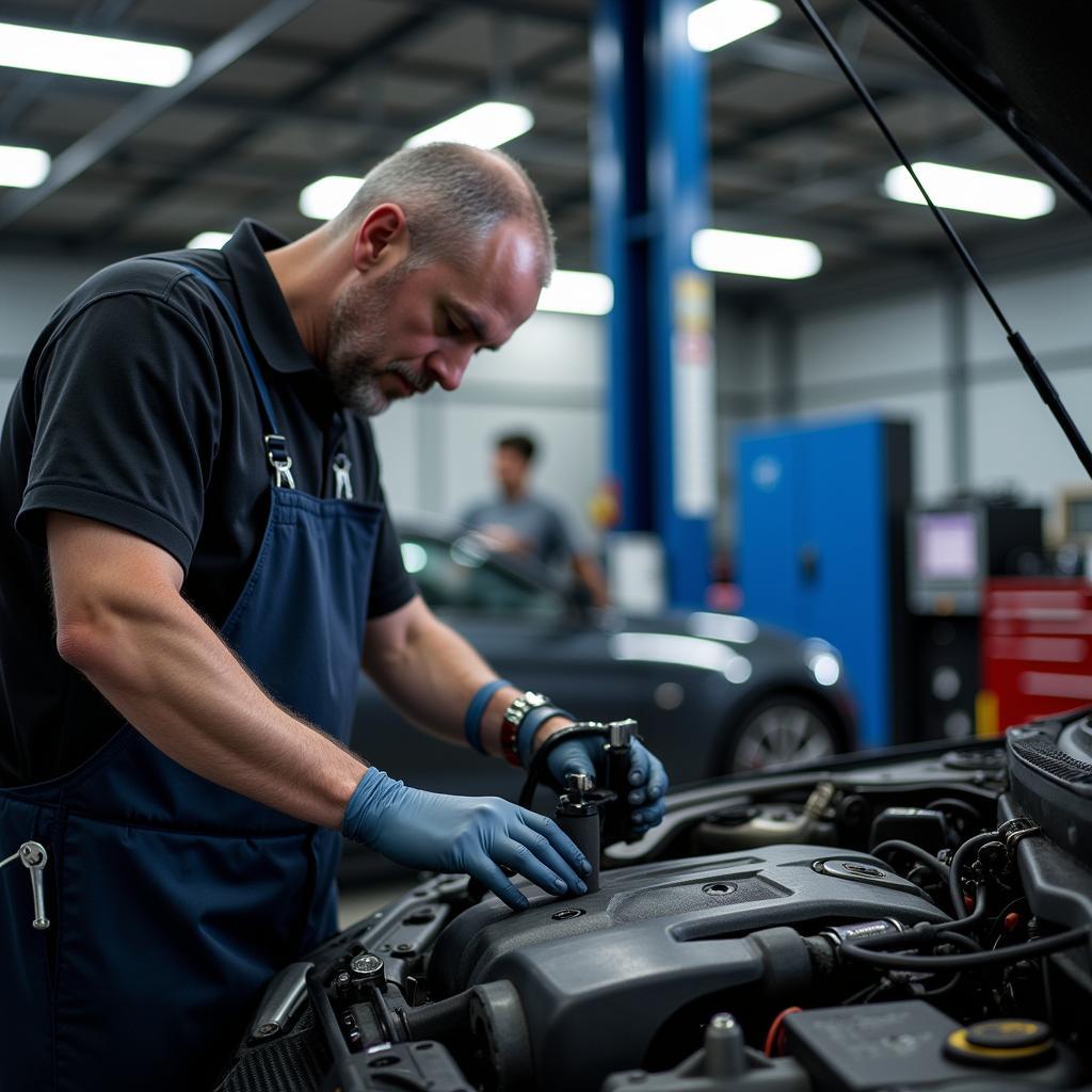  A car securely positioned on a lift inside a professional automotive repair shop.