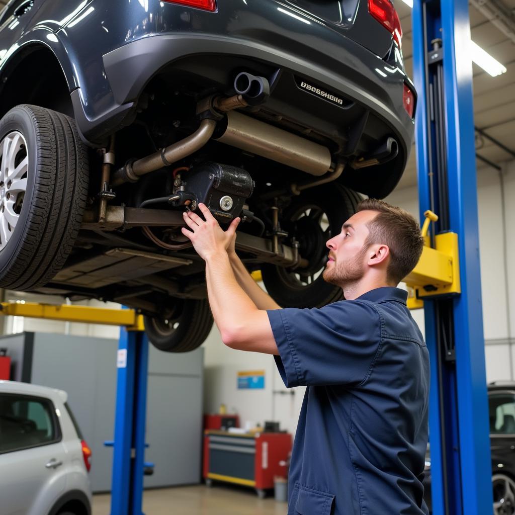 Car on a lift undergoing inspection by a mechanic