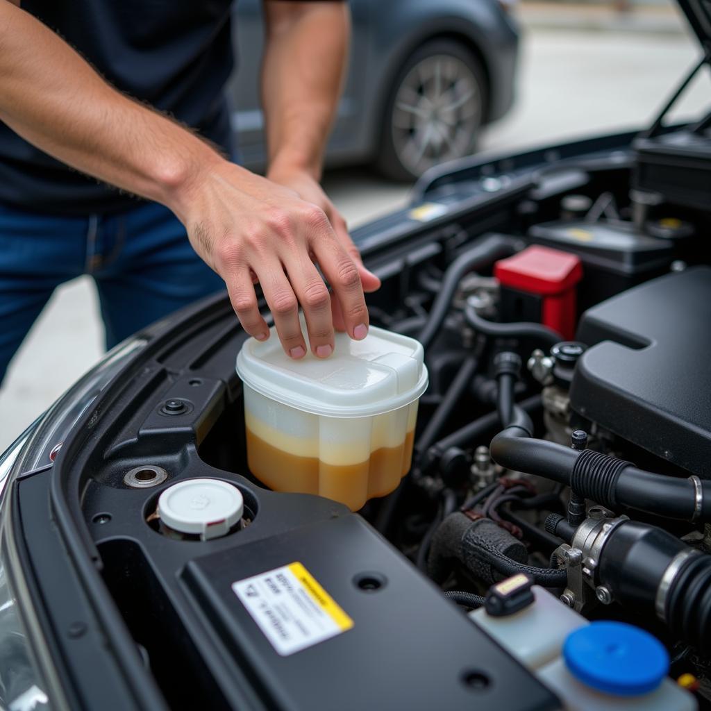 Car owner checking the coolant level in the reservoir