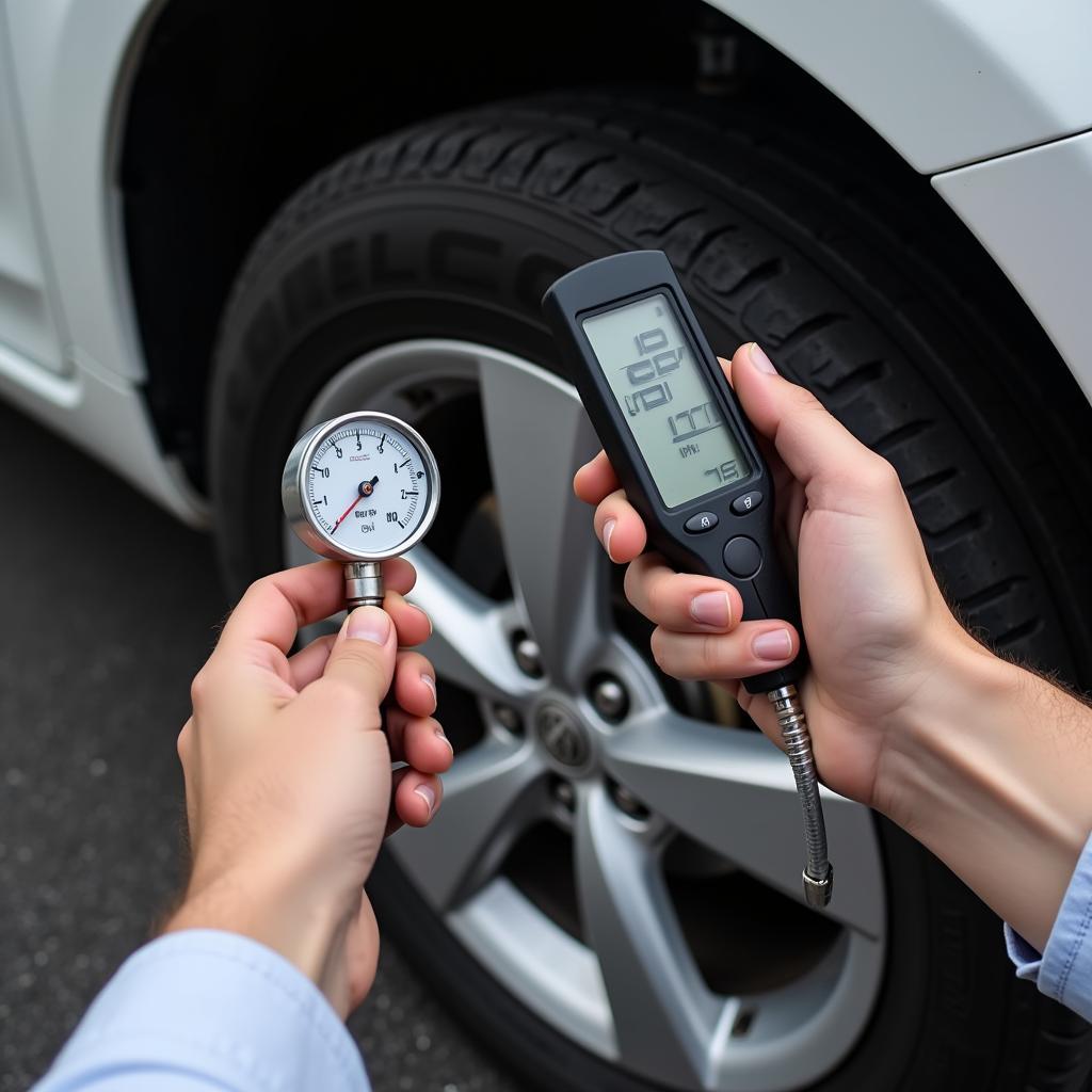 Car owner checking tire pressure