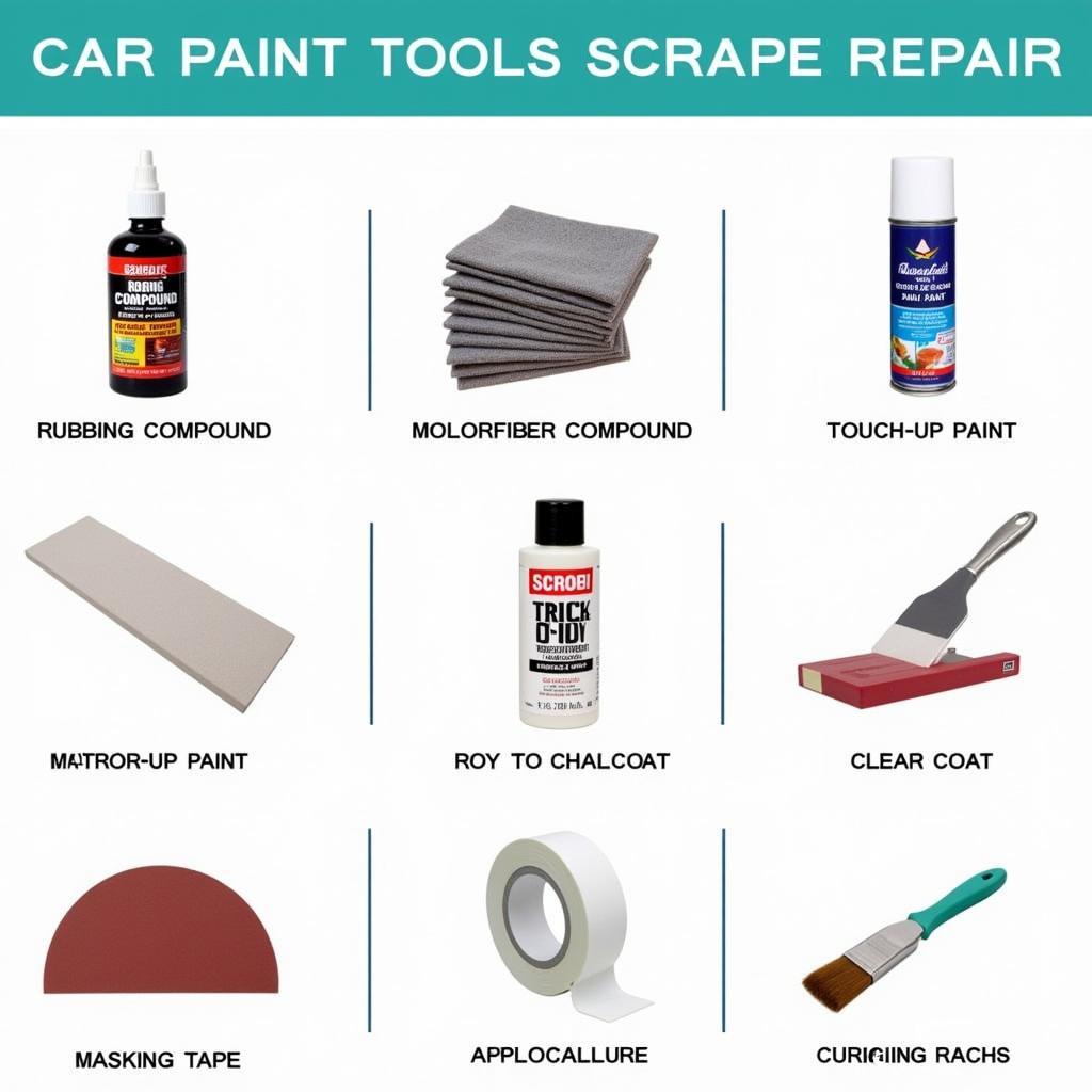 Essential tools and materials for car paint scrape repair.