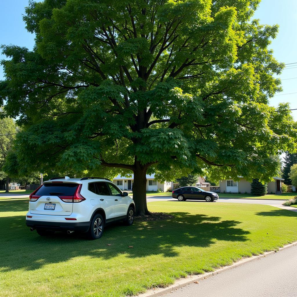 Car parked in the shade of a tree.