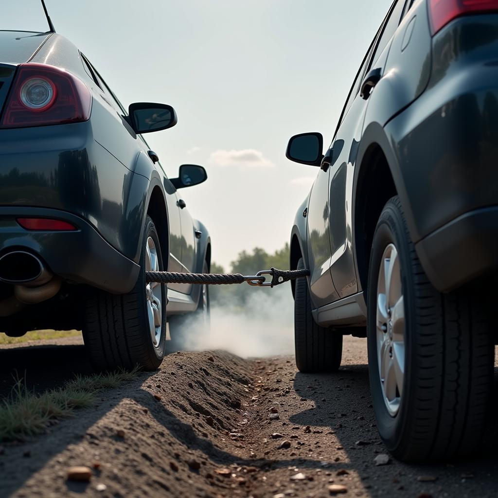 Car Pulling Another Car Uphill Struggling