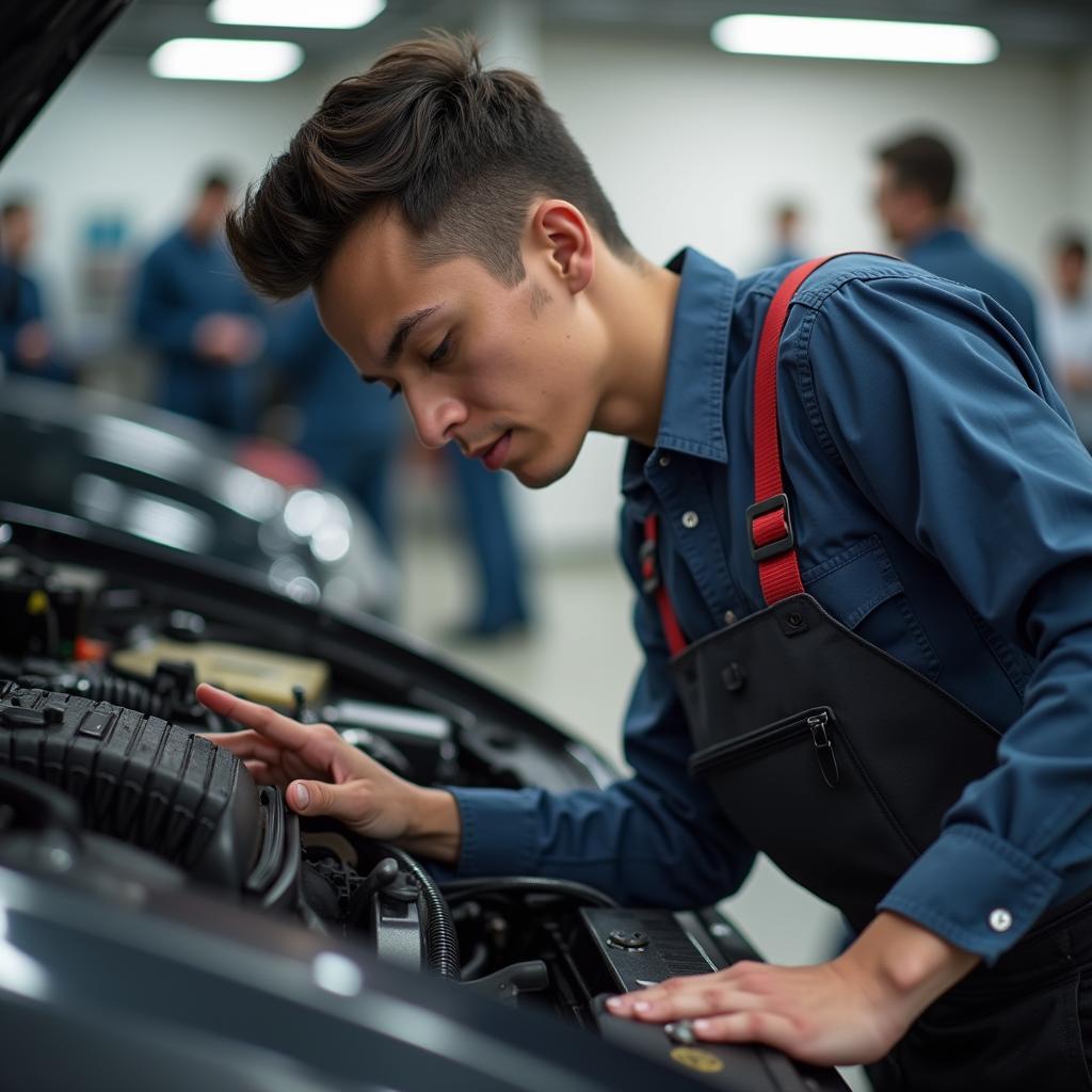 student learning car repair