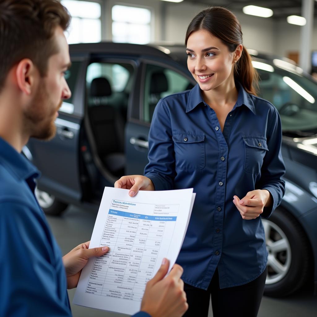 Mechanic reviewing car repair estimate with car owner