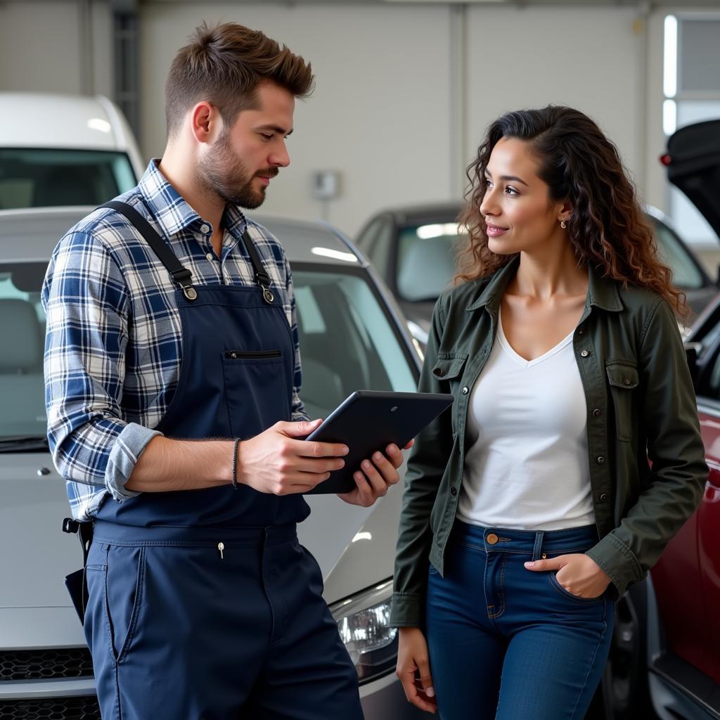 Mechanic discussing car repair estimate