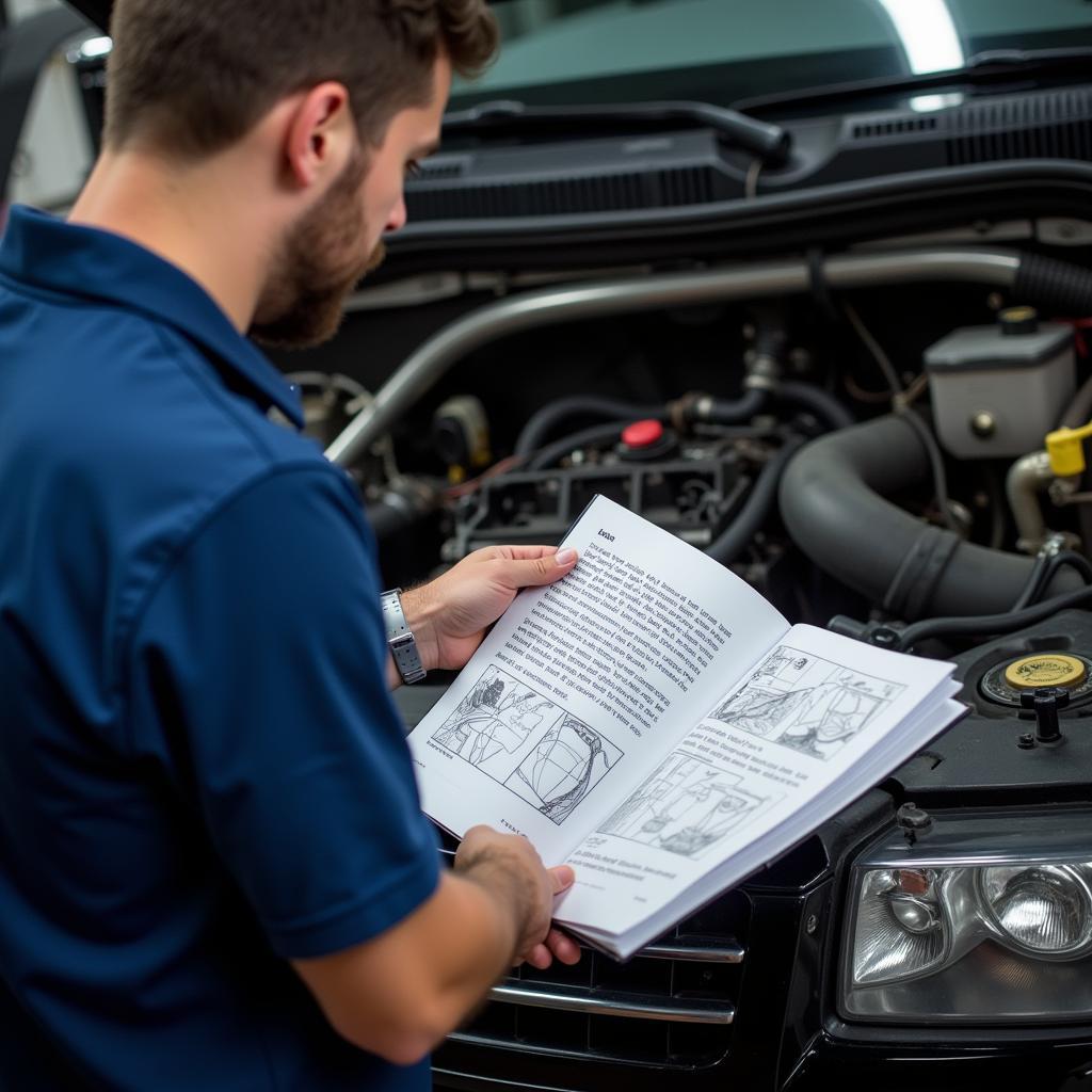 Mechanic consulting a car repair manual