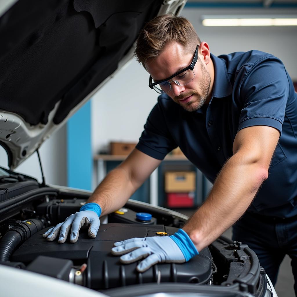 Mechanic using safety gear