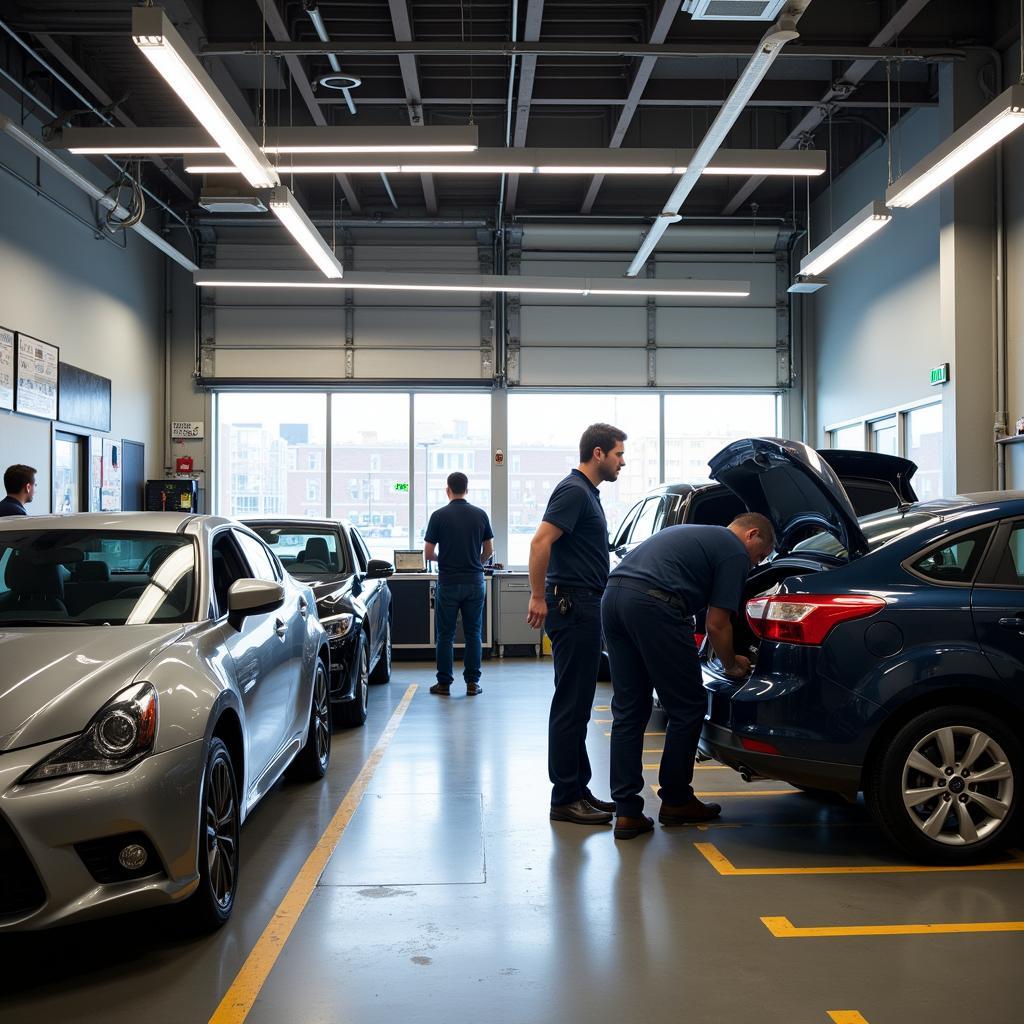 A bustling car repair shop in Manhattan with mechanics working on various vehicles