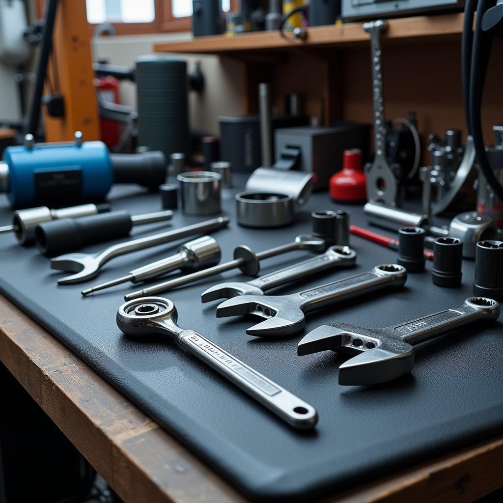 Car repair tools neatly organized in a garage