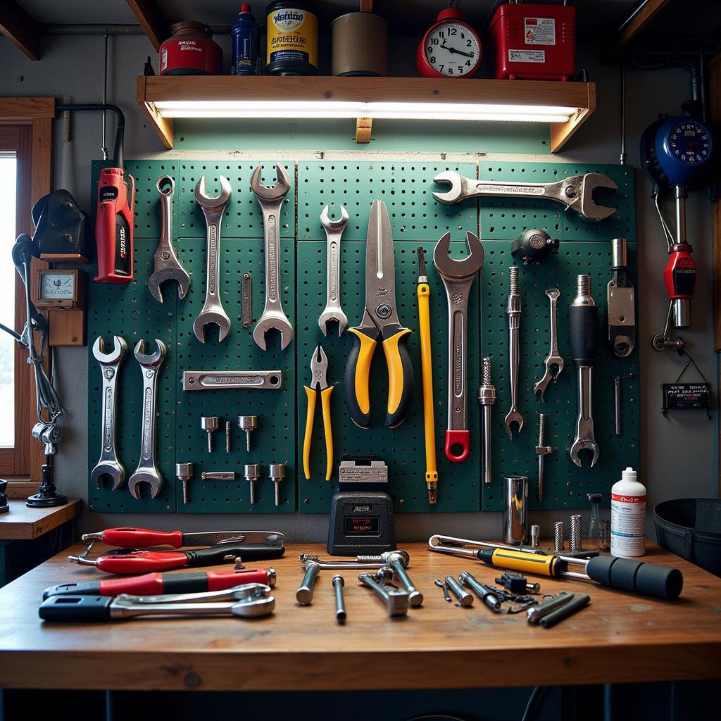 Car repair tools neatly organized in a garage.