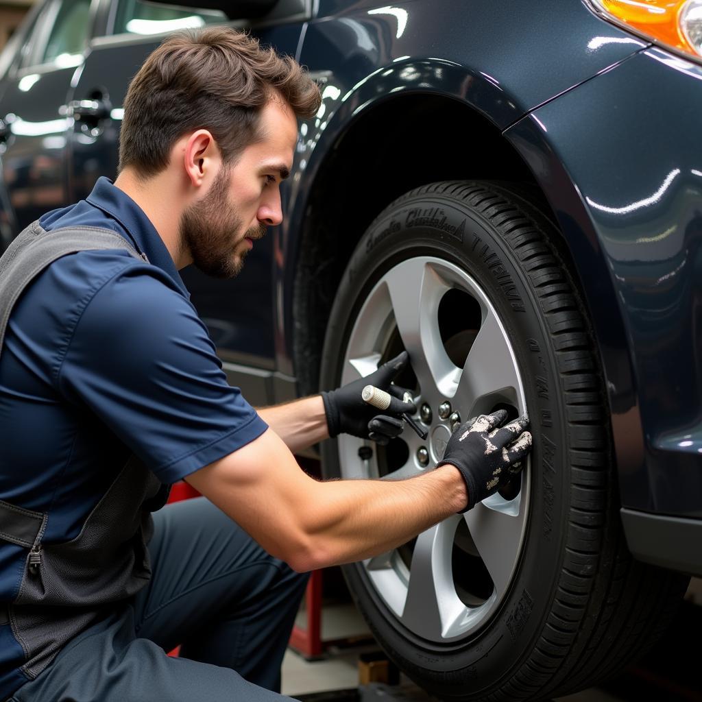 Car rim being repaired in a professional workshop