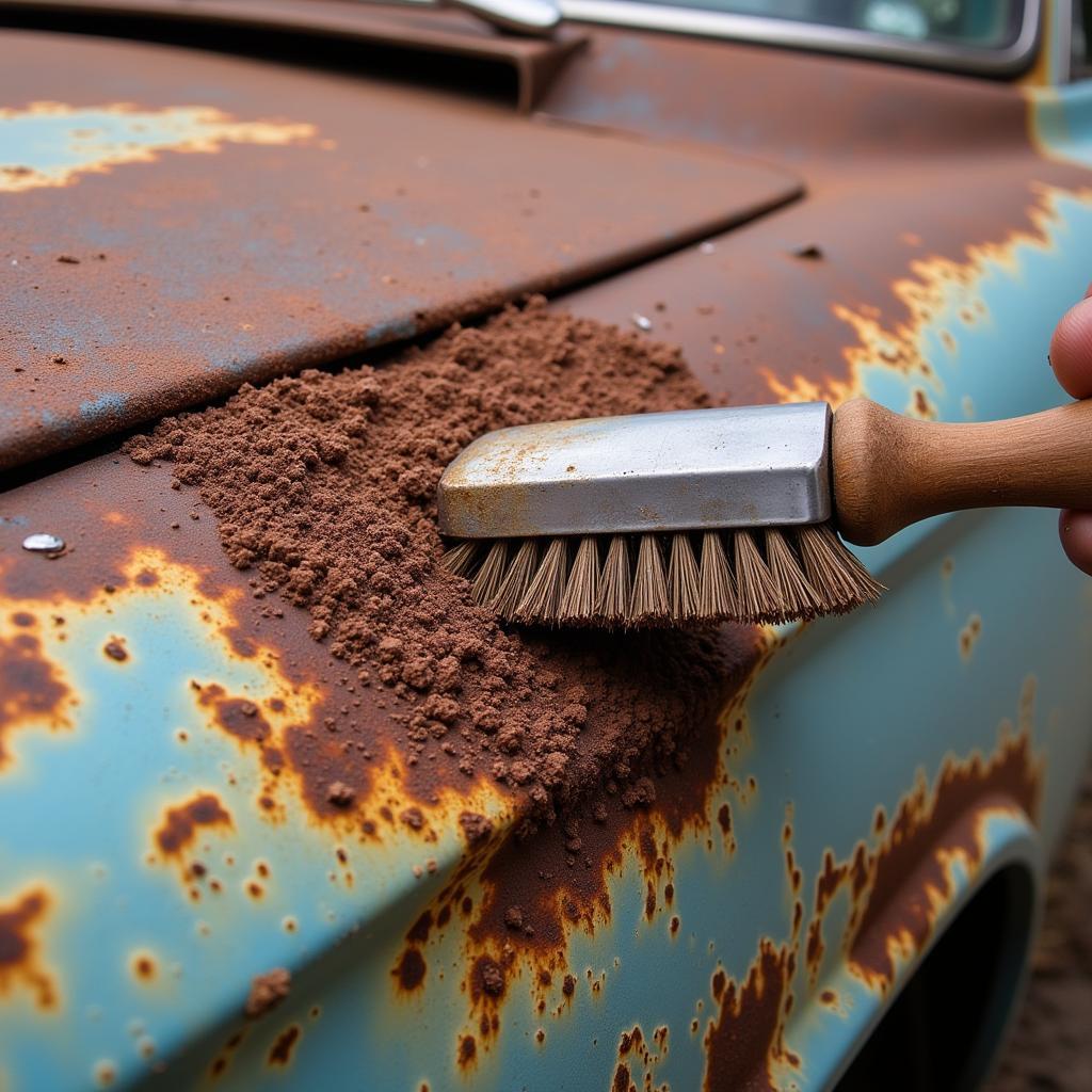 Car rust removal with a wire brush