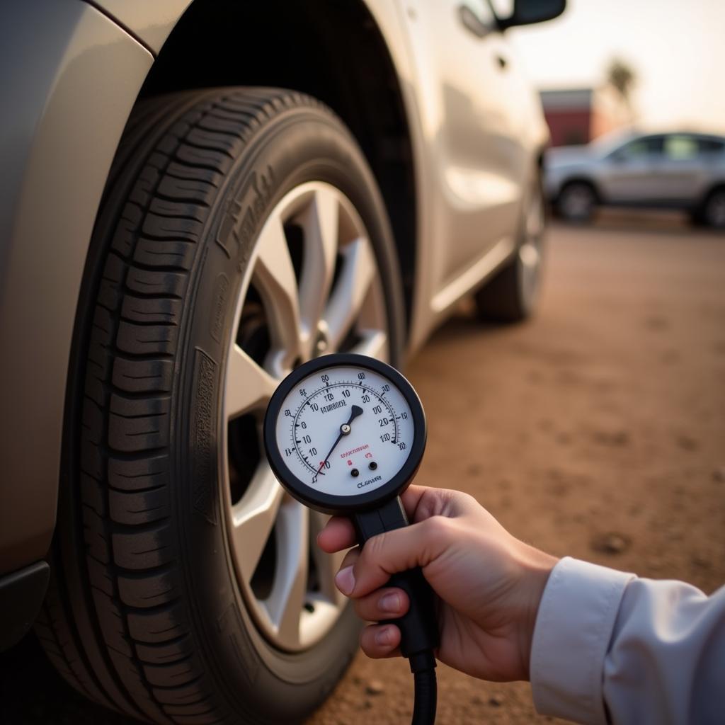 Checking car tire pressure in Jeddah