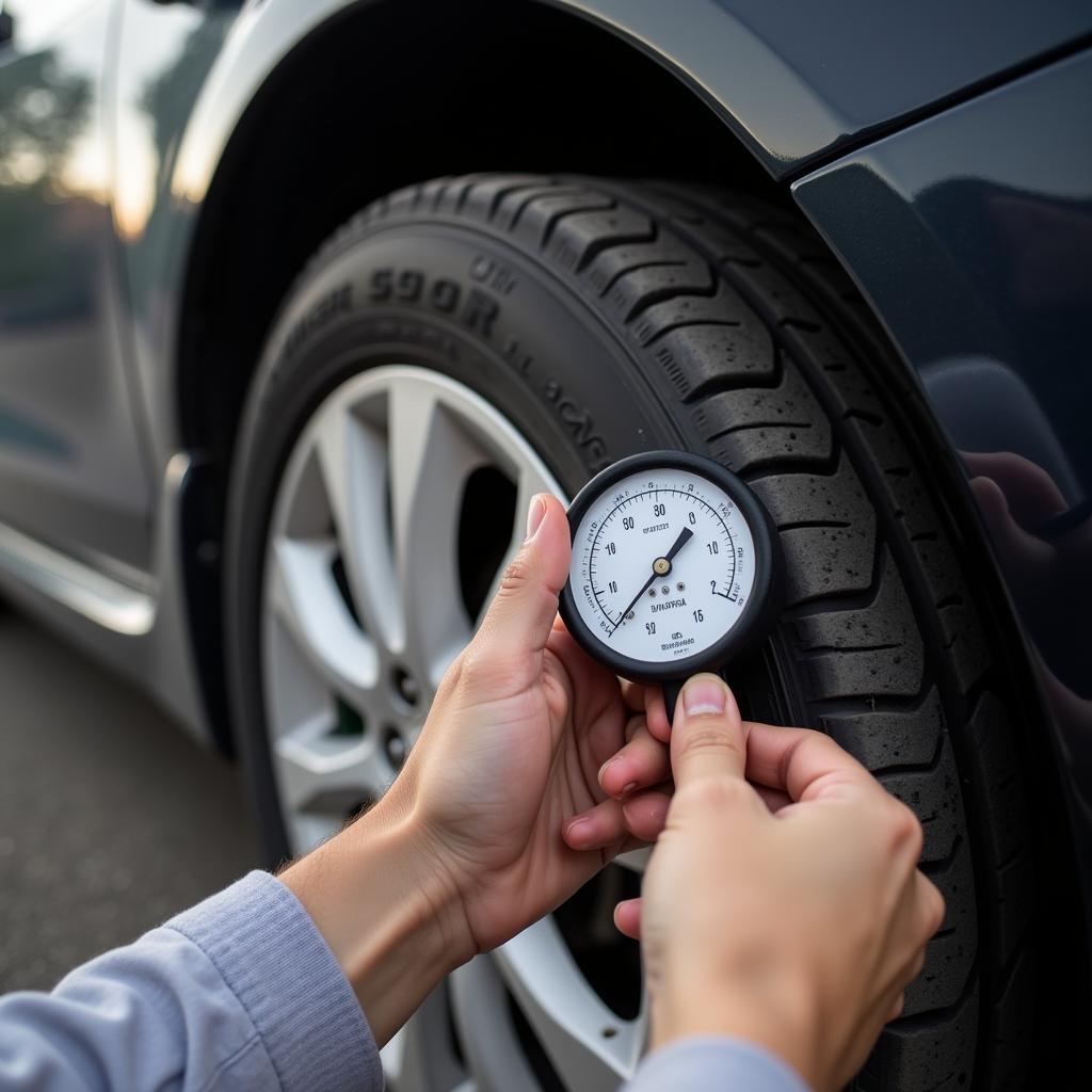 Checking car tire pressure with a gauge