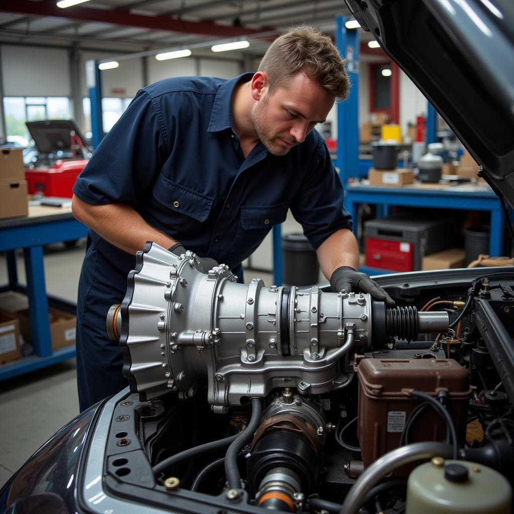 Car transmission repair in progress