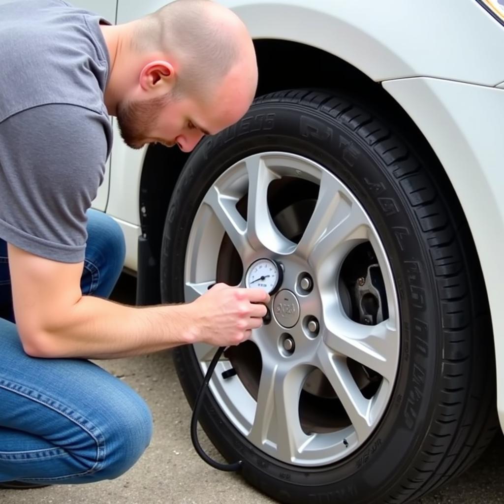 Checking car tyre pressure with a gauge