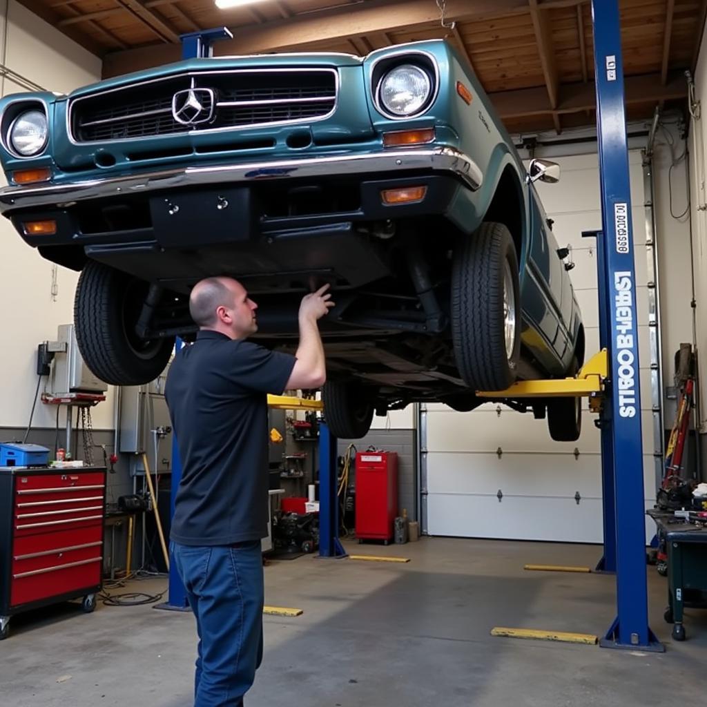 Car undergoing maintenance in a garage