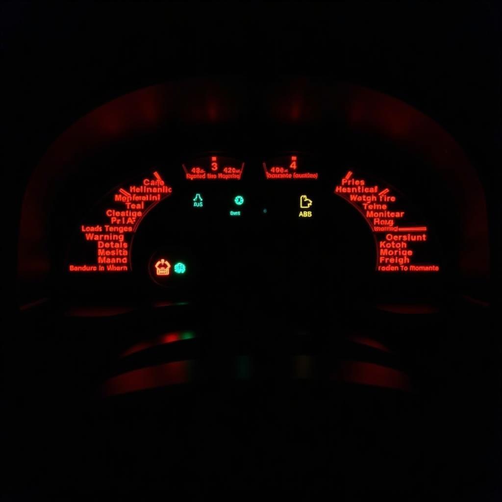 Car dashboard illuminated with multiple warning lights