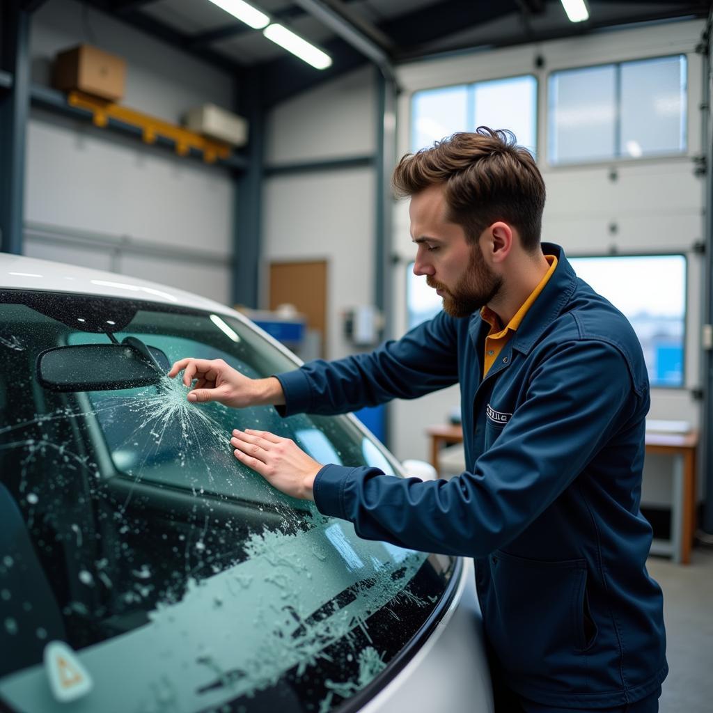 Car Window Repair Technician Assessing Damage