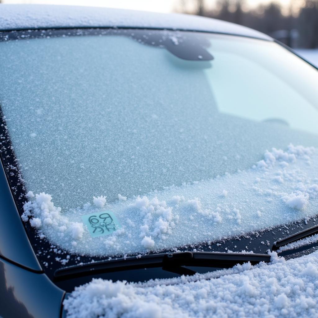 Car windshield covered with frost