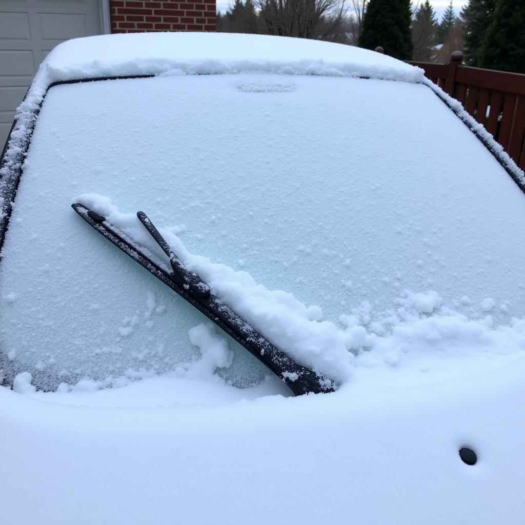 Car windshield with frozen wipers