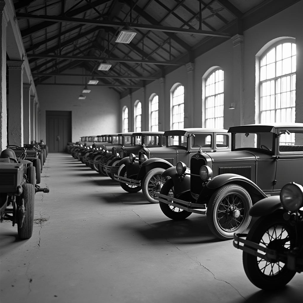 Cars in the 1920s in a garage