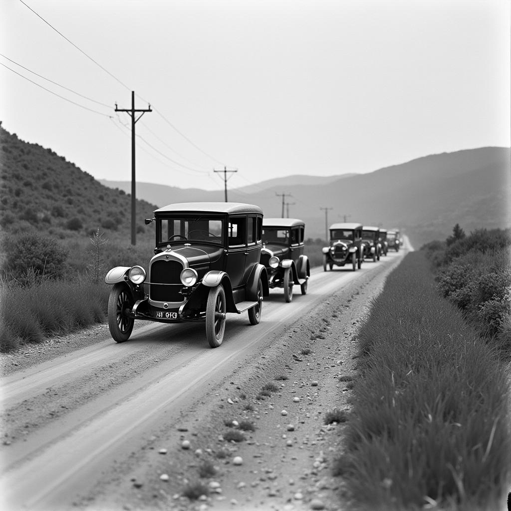 Cars in the 1920s on an unpaved road