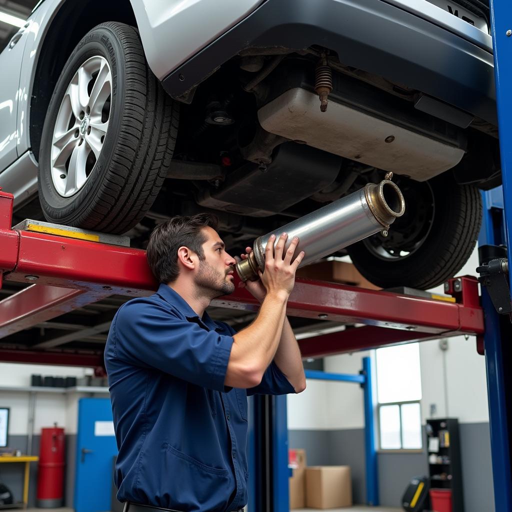 Mechanic replacing a catalytic converter on a car