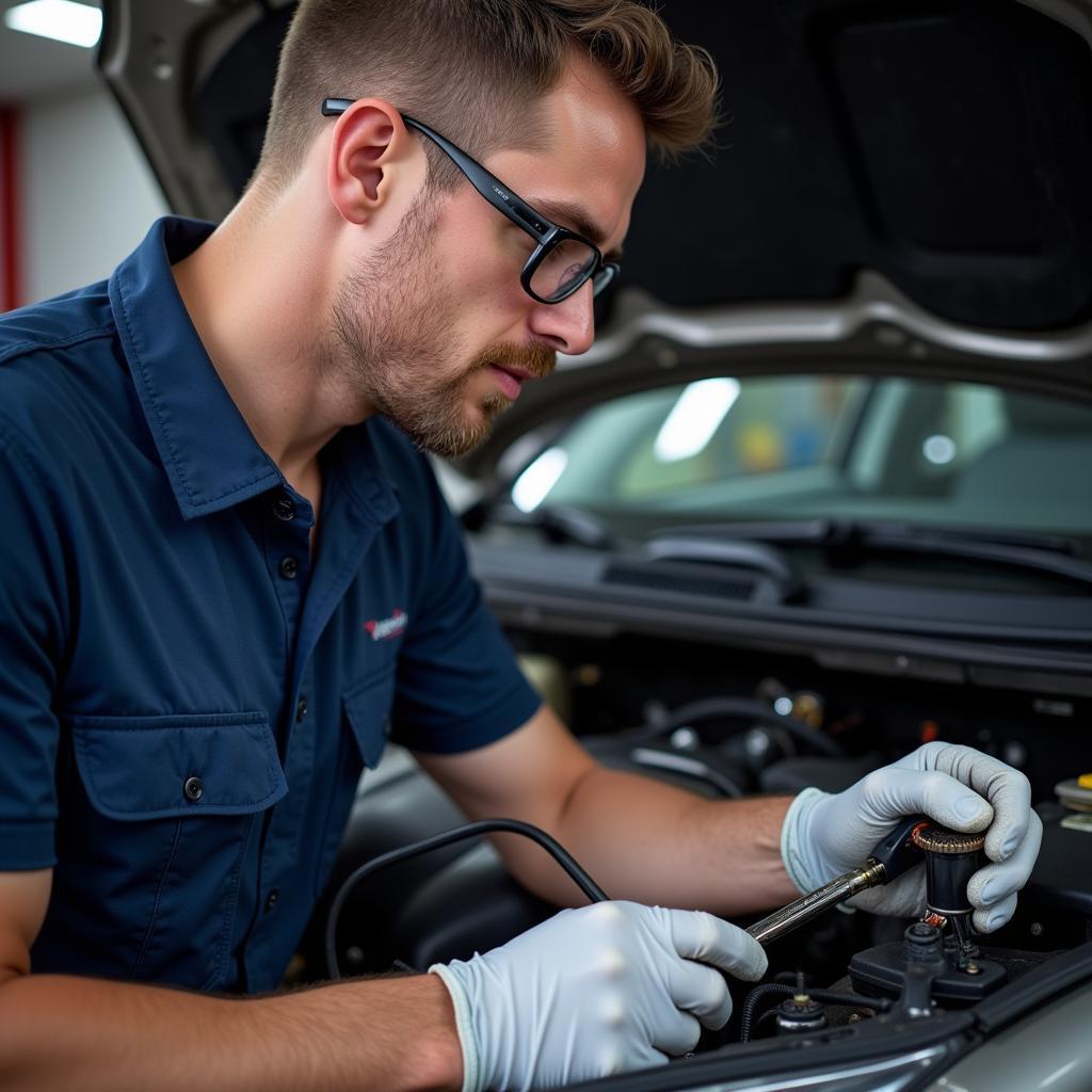 Certified Car AC Technician Working on Vehicle