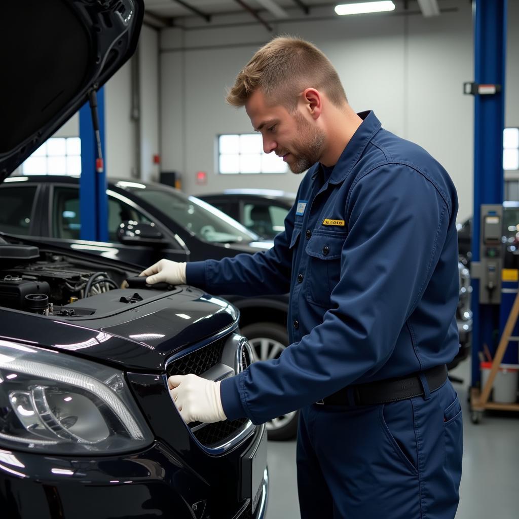 Certified Car Technician Working on Vehicle