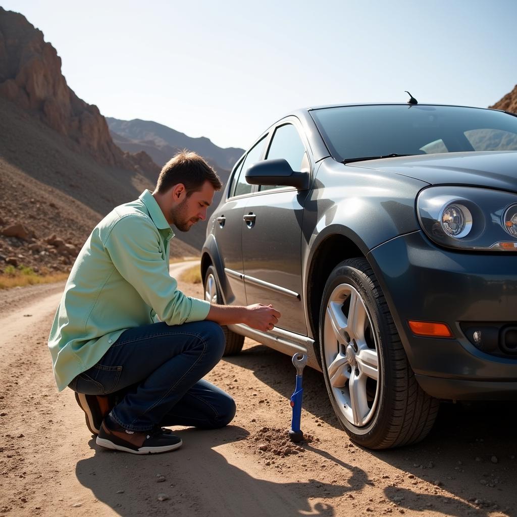 Changing a flat tire in a quarry