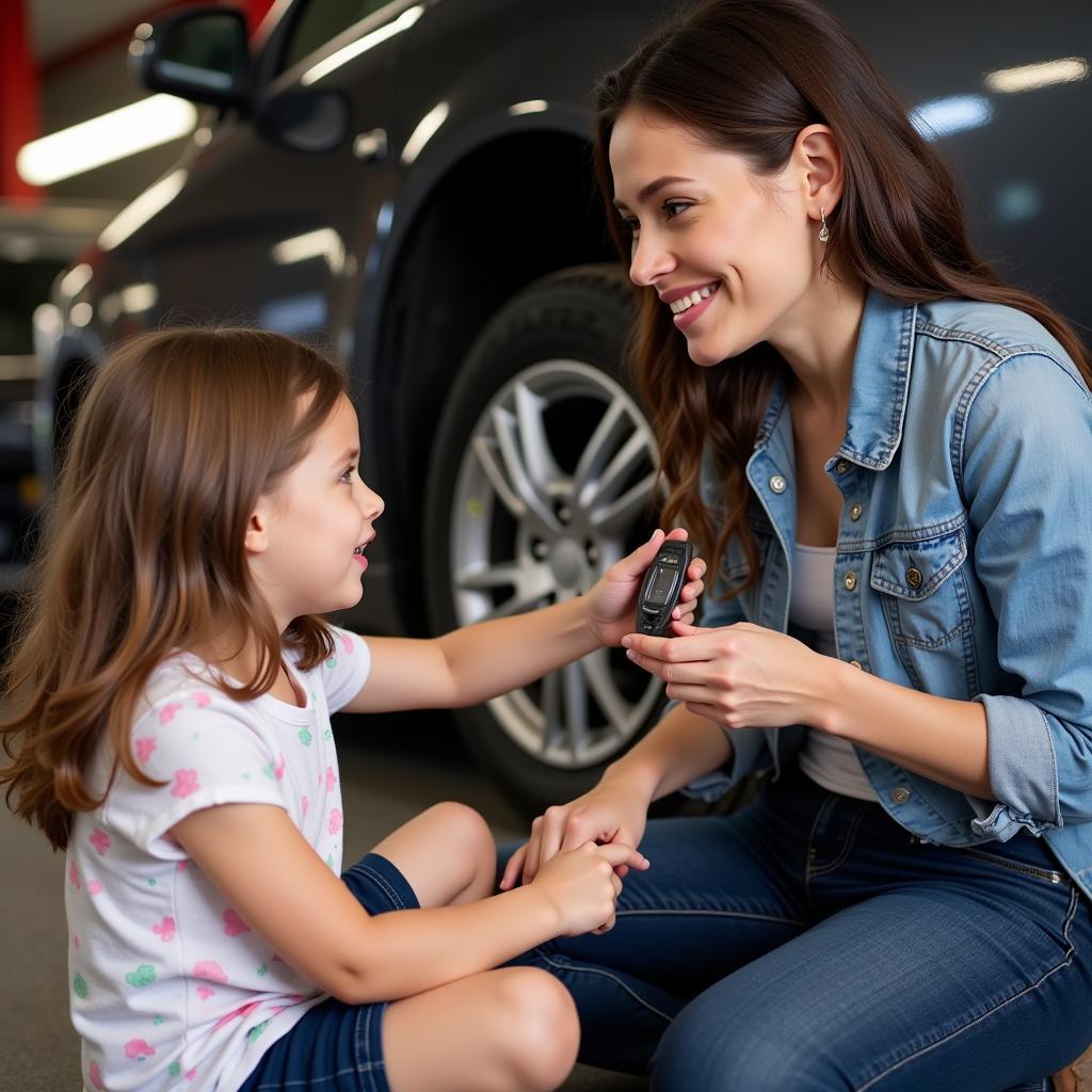 Mother and Child Inspecting Brake Pads