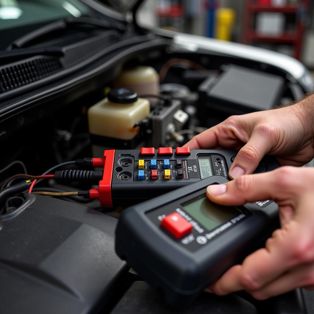 Mechanic checking car AC fuses