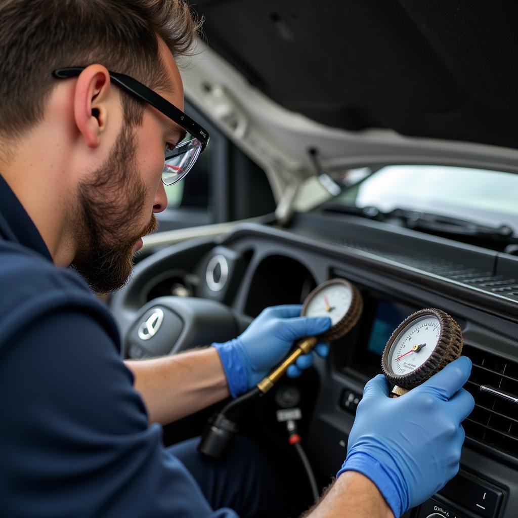 Mechanic Checking Car AC Pressure