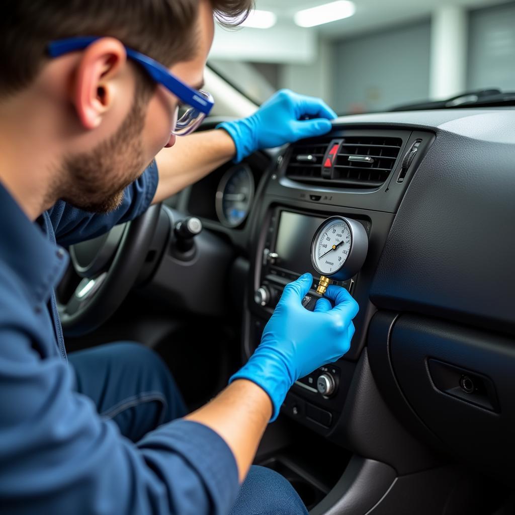 Mechanic Checking Car AC Refrigerant