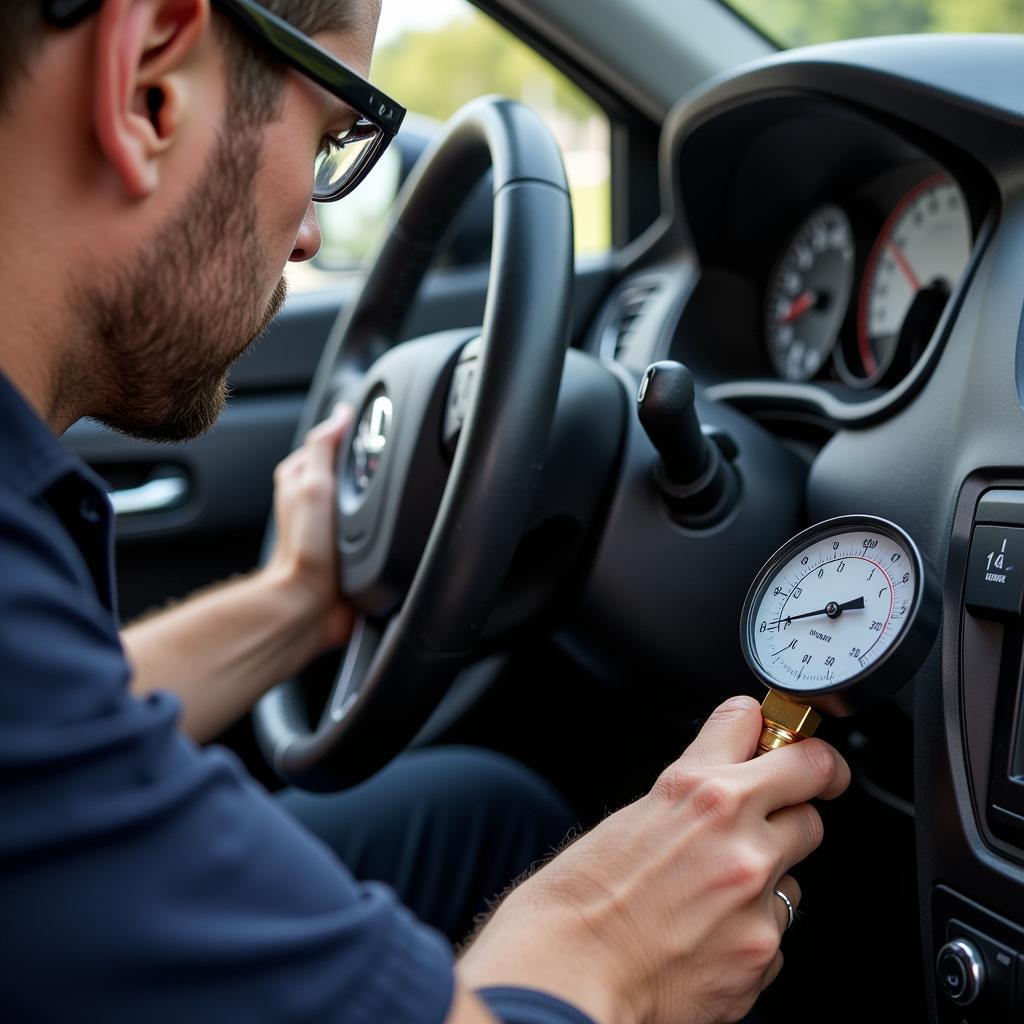 Mechanic Checking Car AC Refrigerant