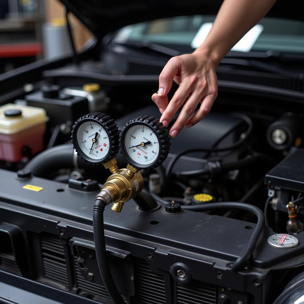 Mechanic Checking Car AC Refrigerant Levels