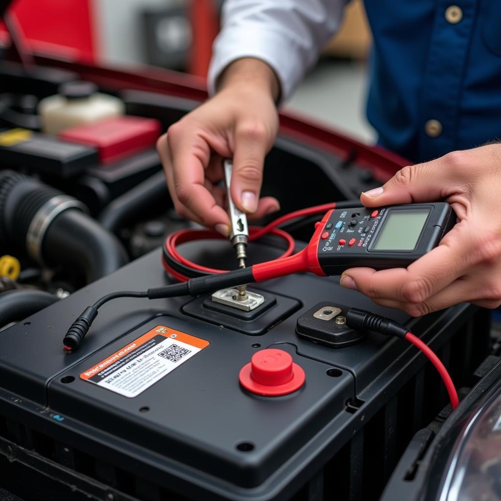 Mechanic Checking Car Battery Voltage with a Multimeter