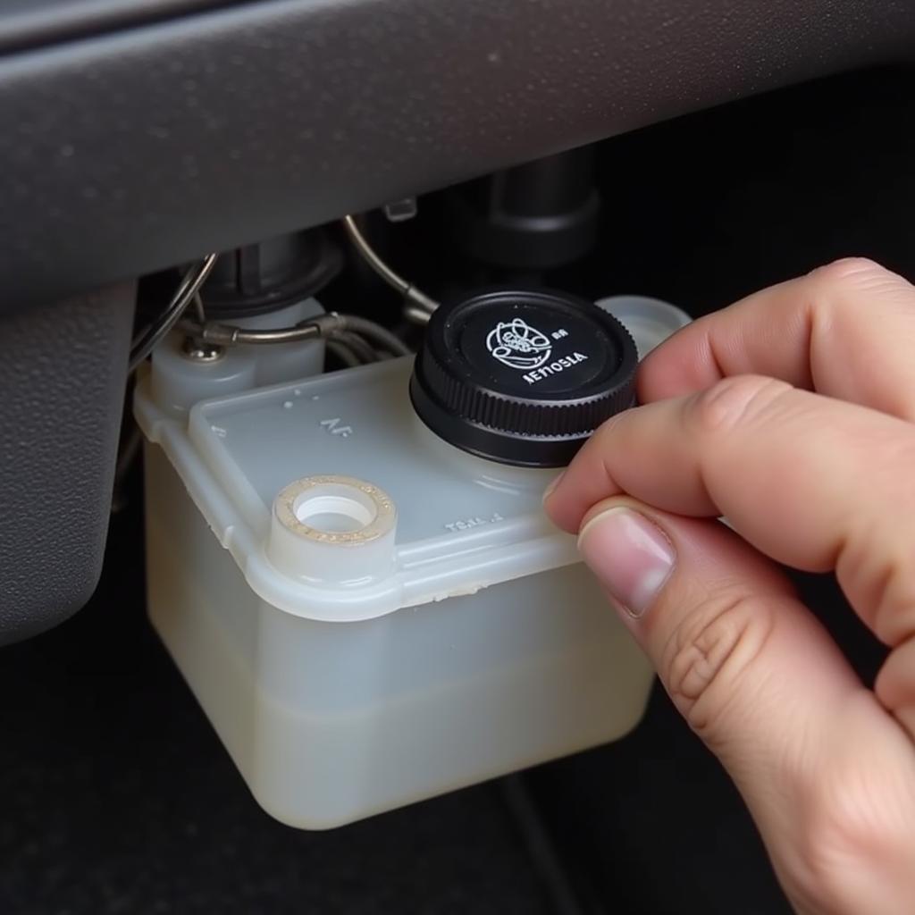 Close-up of hand checking brake fluid level