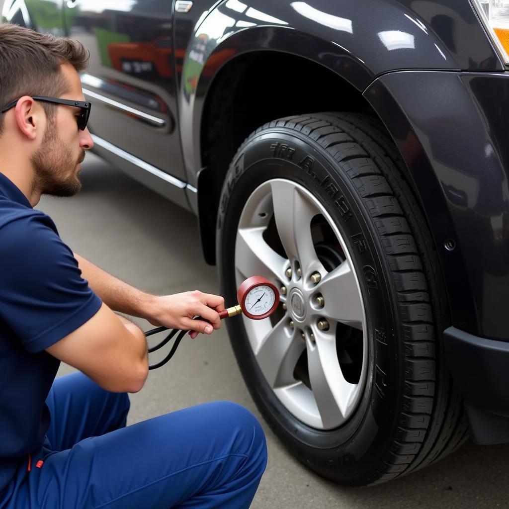 Mechanic checking car tire pressure