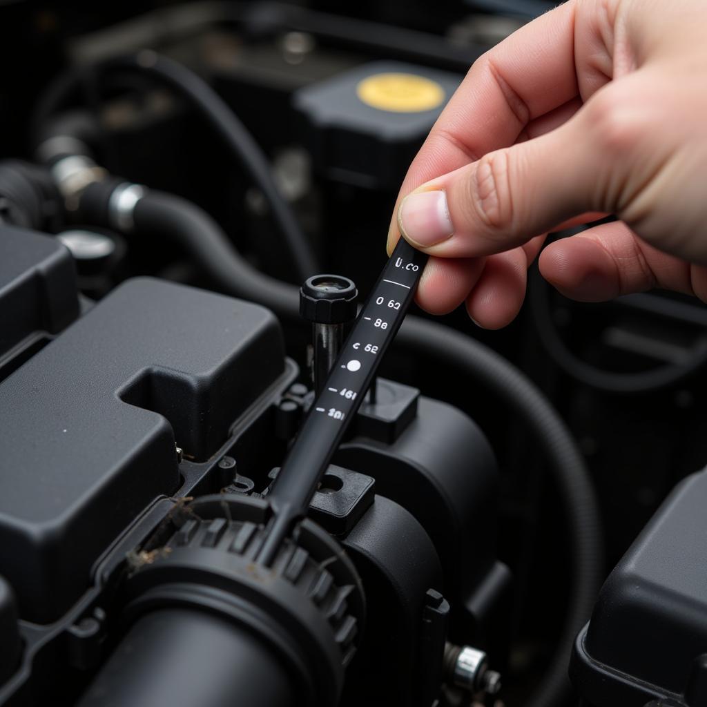 Mechanic checking engine oil with dipstick