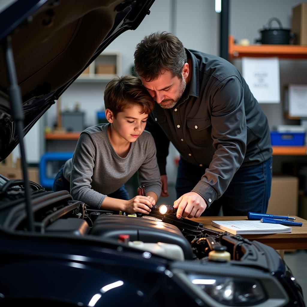 Father and Son Checking Car Engine Together