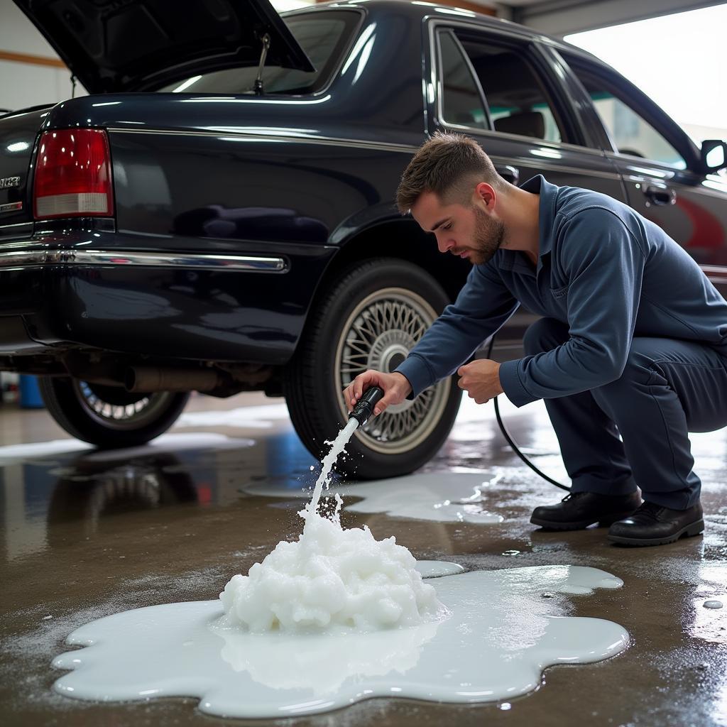 Mechanic Checking Lincoln Town Car Air Lines for Leaks