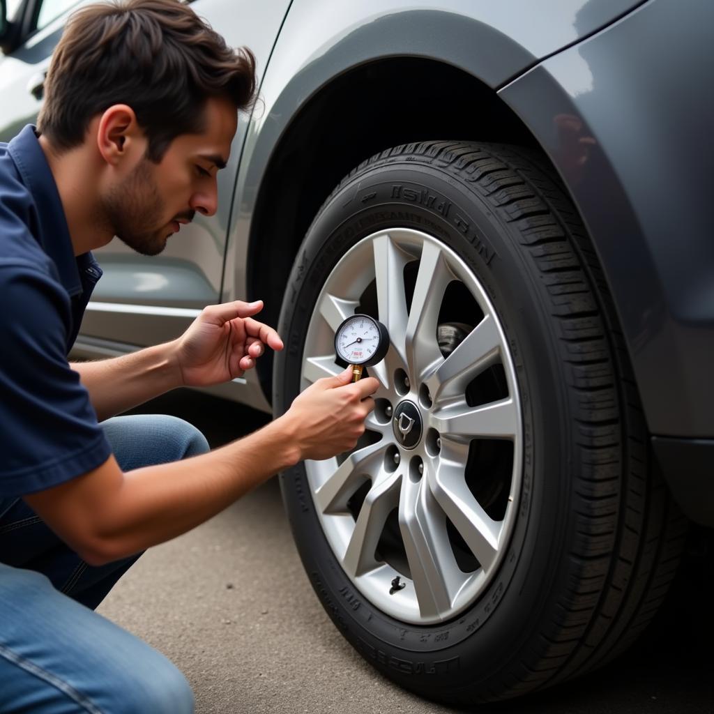 Checking car tire pressure before long drive