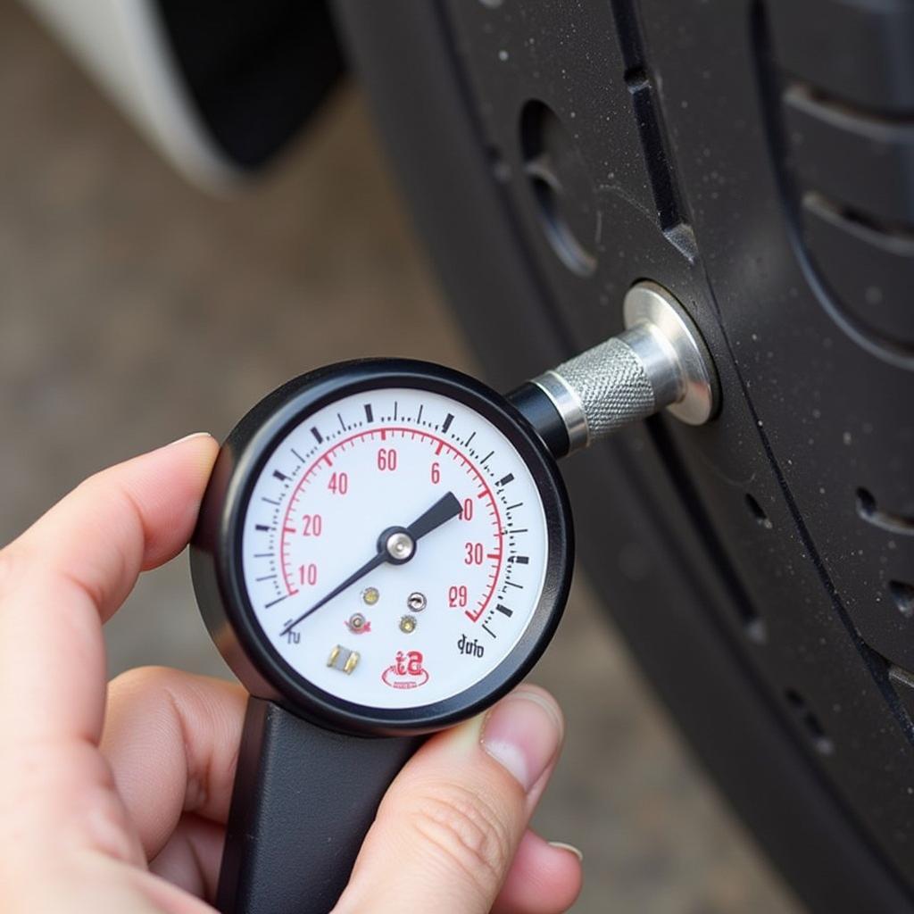 Checking tire pressure with a gauge