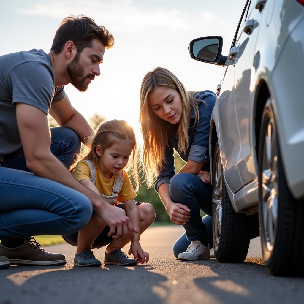 Family Checking Tire Pressure Together